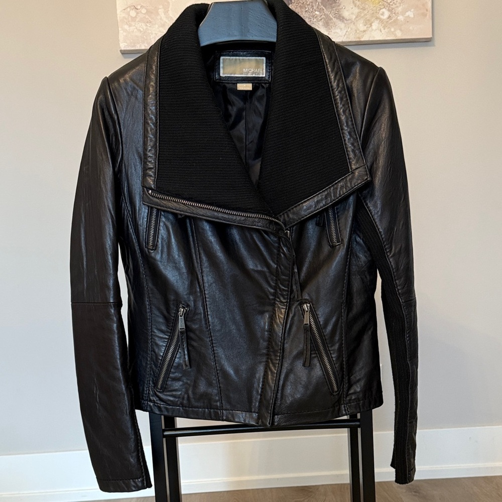 Michael Kors Black Leather Jacket with Zippered Pockets